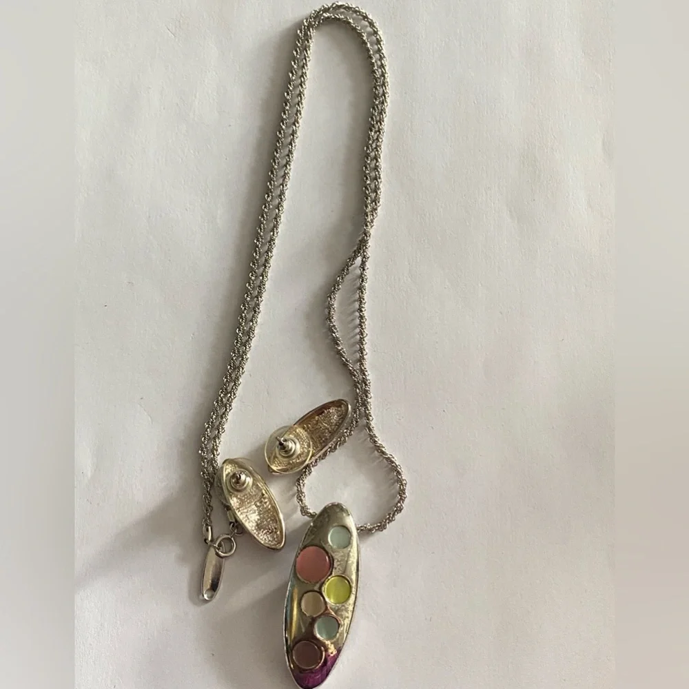 Rare! Vintage Whiting Davis Silver Earrings Pendant & Intricately Woven Chain Se